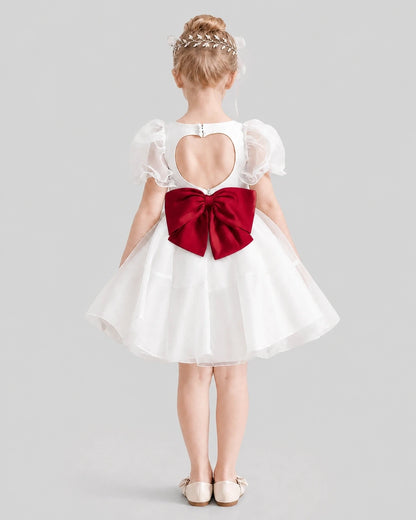 Dideyttawl Heart Cutout Organza Flower Girl Dress with Puff Sleeves