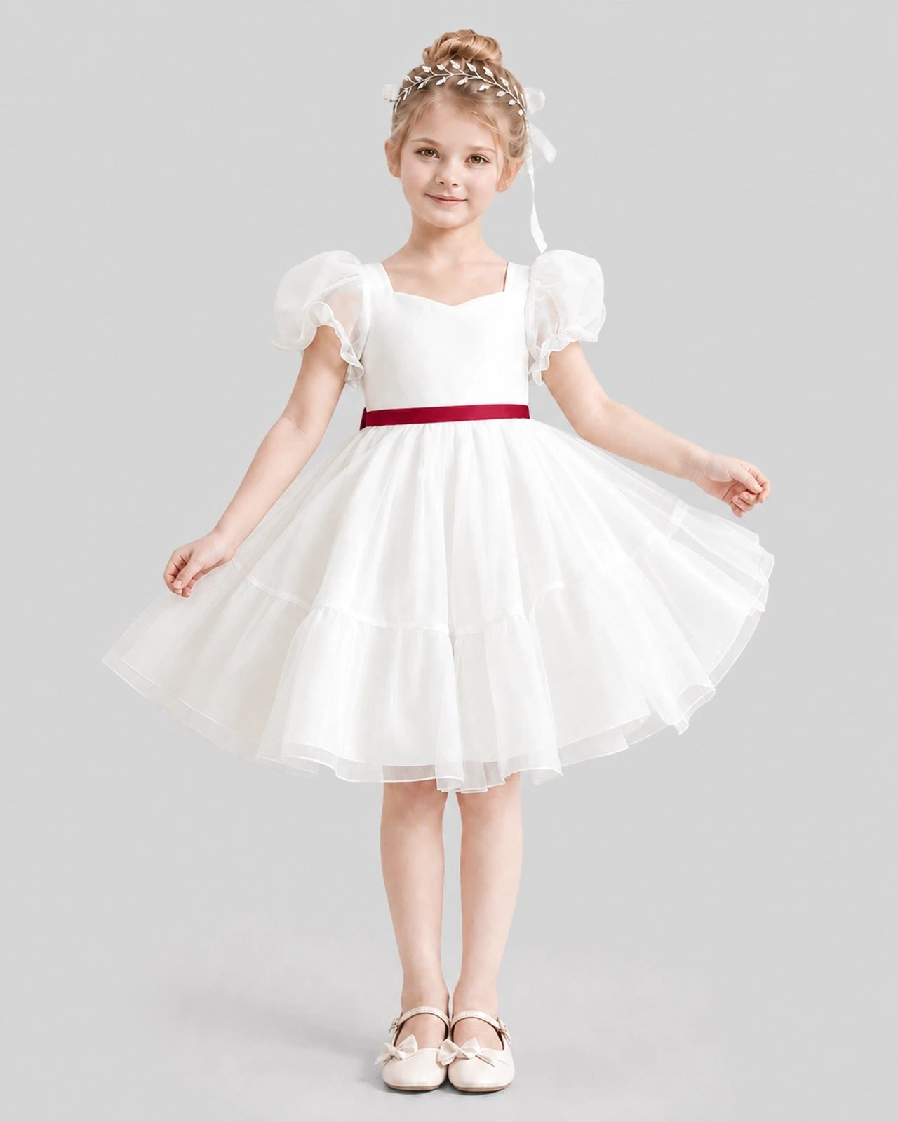 Dideyttawl Heart Cutout Organza Flower Girl Dress with Puff Sleeves