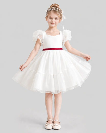 Dideyttawl Heart Cutout Organza Flower Girl Dress with Puff Sleeves