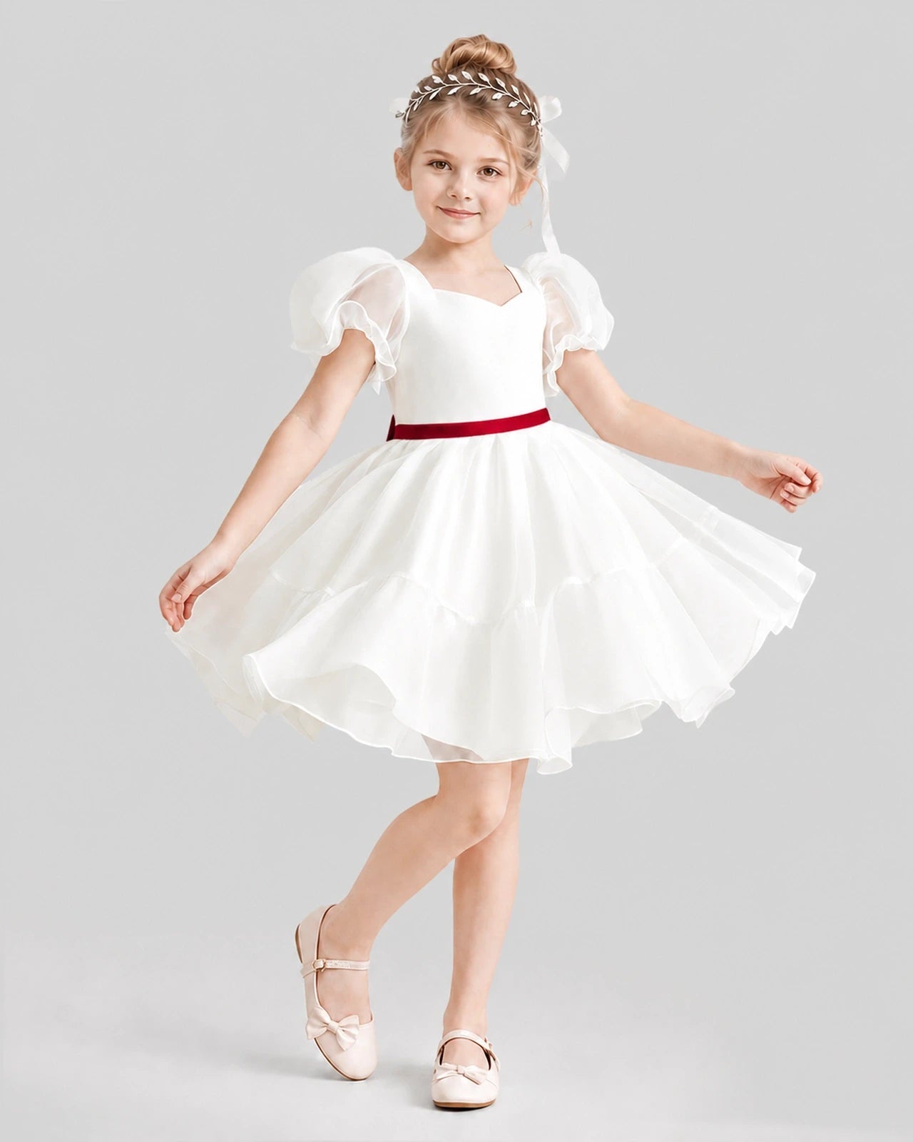 Dideyttawl Heart Cutout Organza Flower Girl Dress with Puff Sleeves