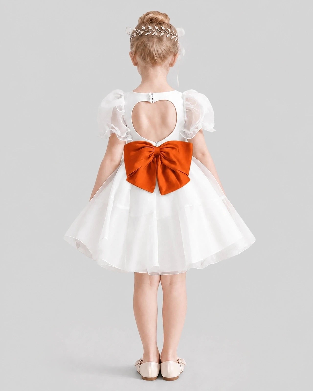 Dideyttawl Heart Cutout Organza Flower Girl Dress with Puff Sleeves