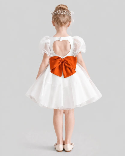 Dideyttawl Heart Cutout Organza Flower Girl Dress with Puff Sleeves