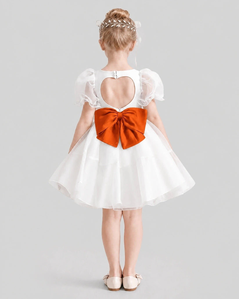 Burnt Orange and White Satin A-Line Flower Girl Dresses Back View
