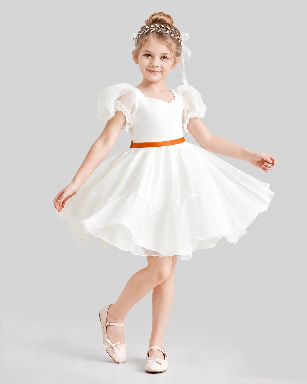 Dideyttawl Heart Cutout Organza Flower Girl Dress with Puff Sleeves