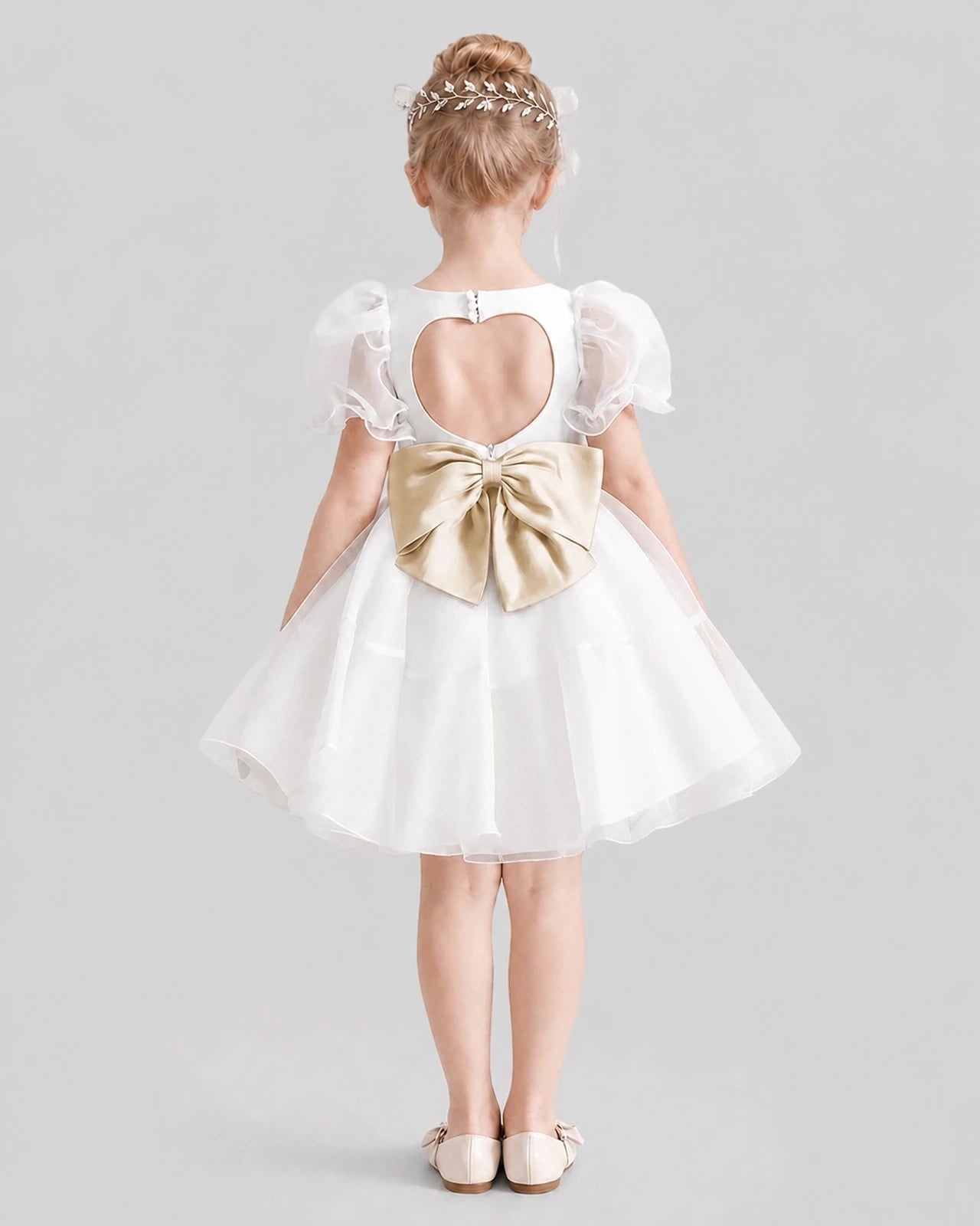 Dideyttawl Heart Cutout Organza Flower Girl Dress with Puff Sleeves