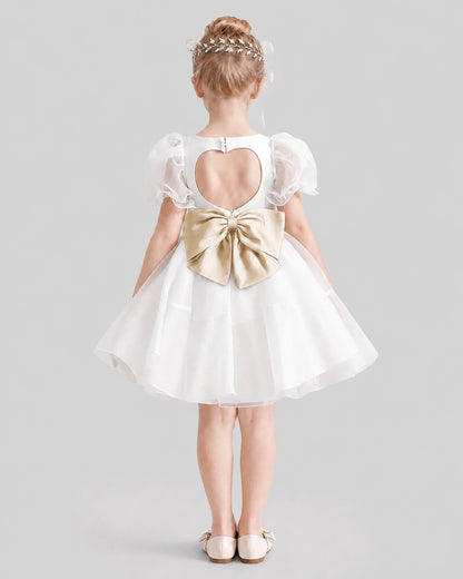 Dideyttawl Heart Cutout Organza Flower Girl Dress with Puff Sleeves