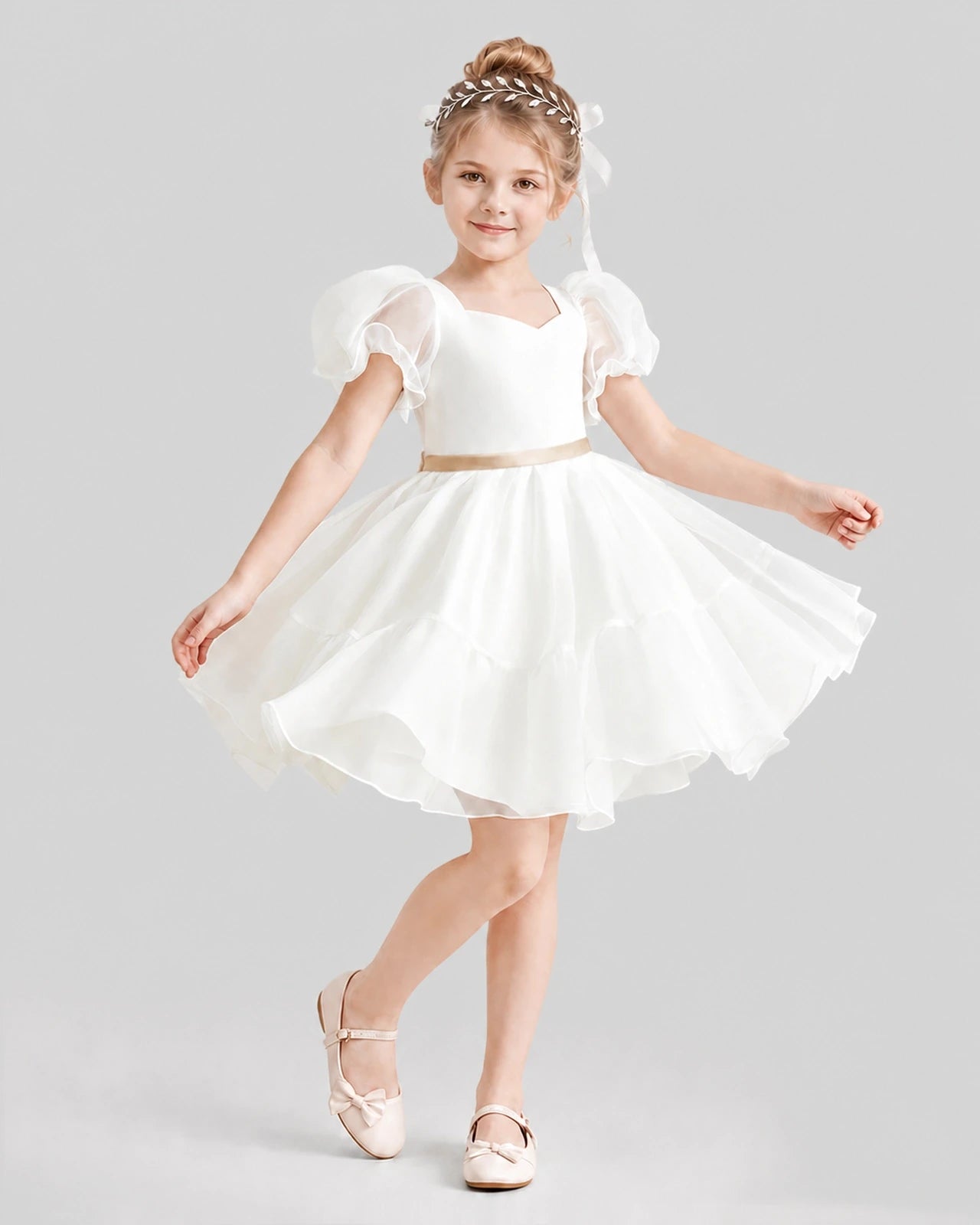 Dideyttawl Heart Cutout Organza Flower Girl Dress with Puff Sleeves