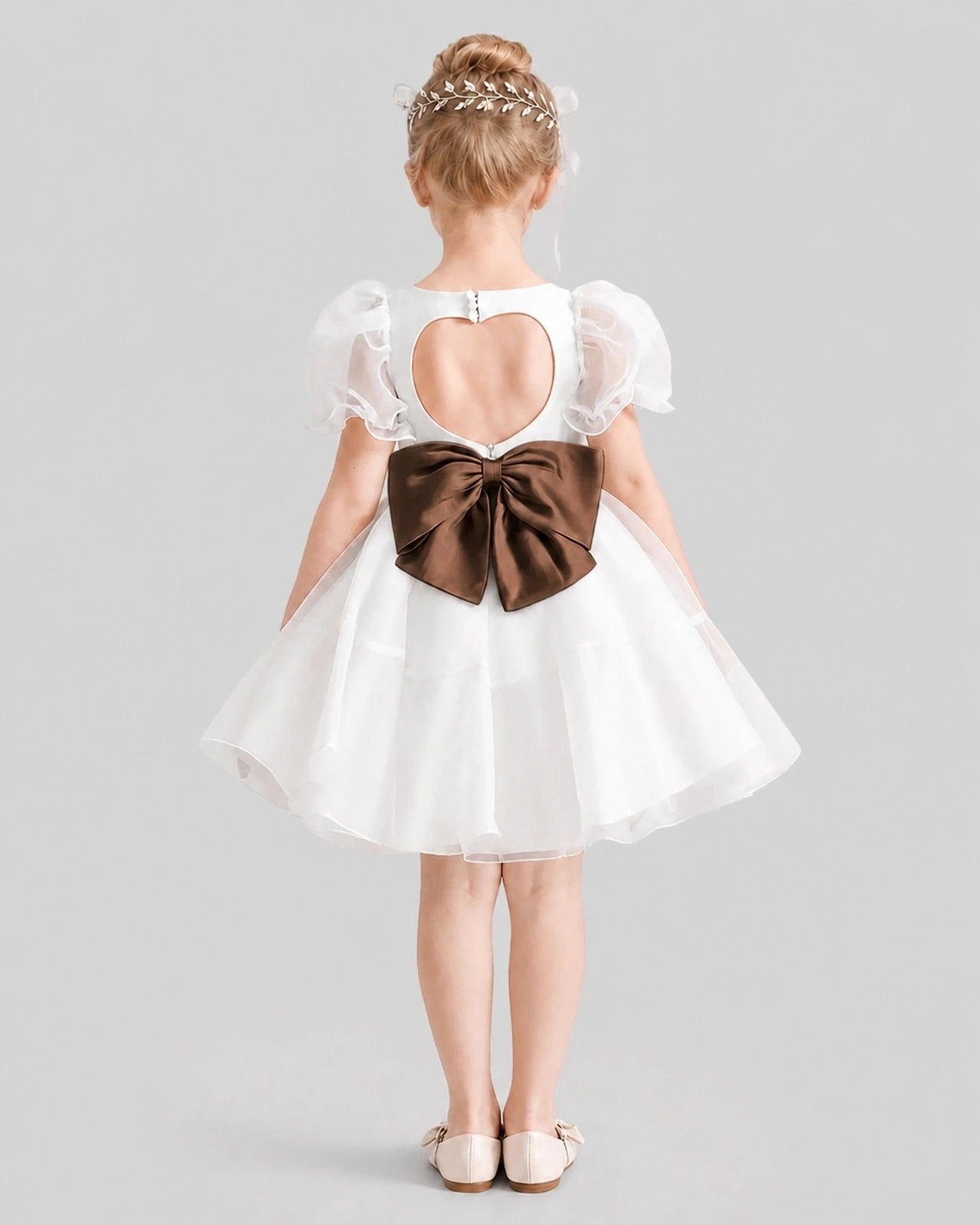 Dideyttawl Heart Cutout Organza Flower Girl Dress with Puff Sleeves