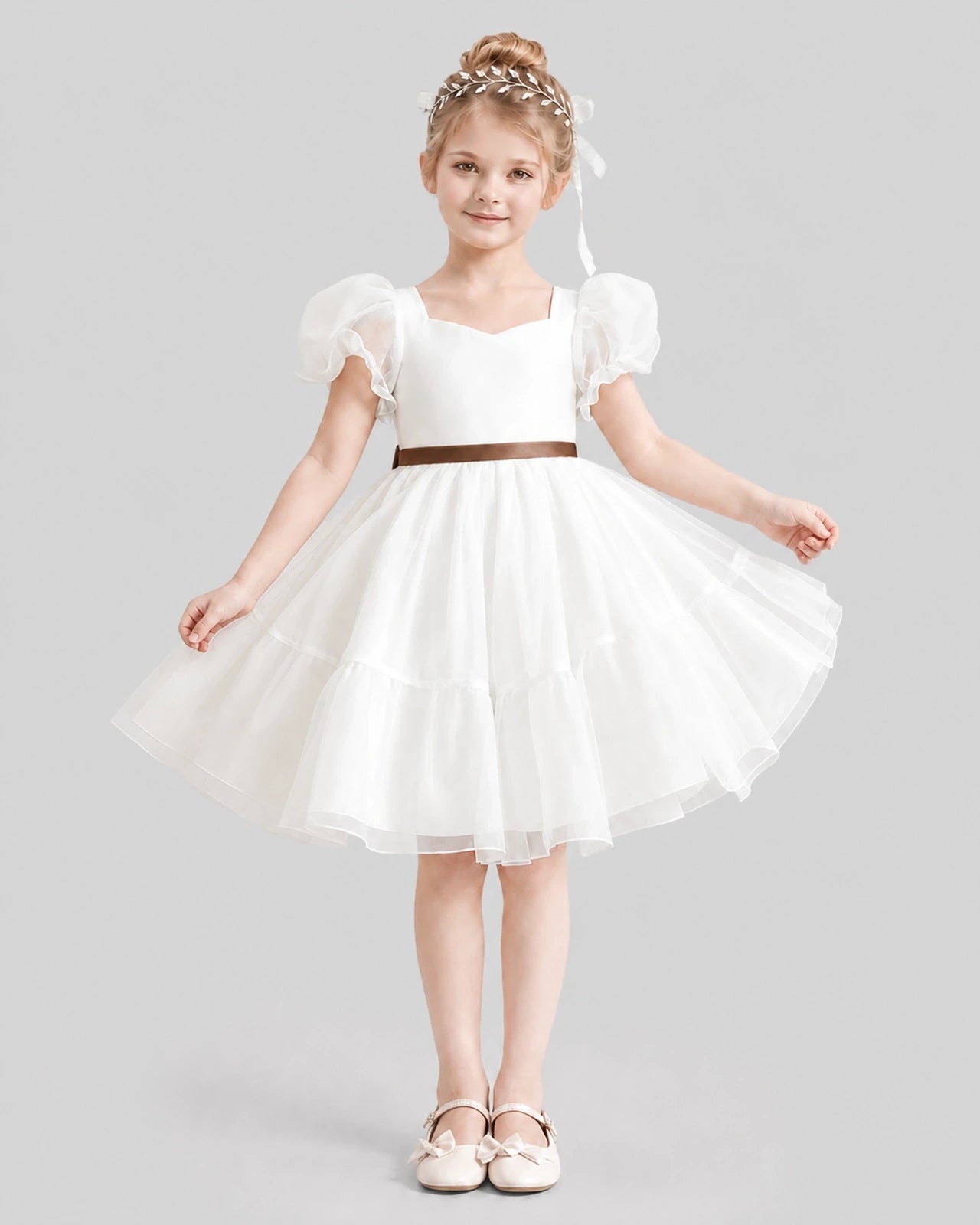 Dideyttawl Heart Cutout Organza Flower Girl Dress with Puff Sleeves