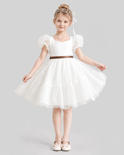 Dideyttawl Heart Cutout Organza Flower Girl Dress with Puff Sleeves