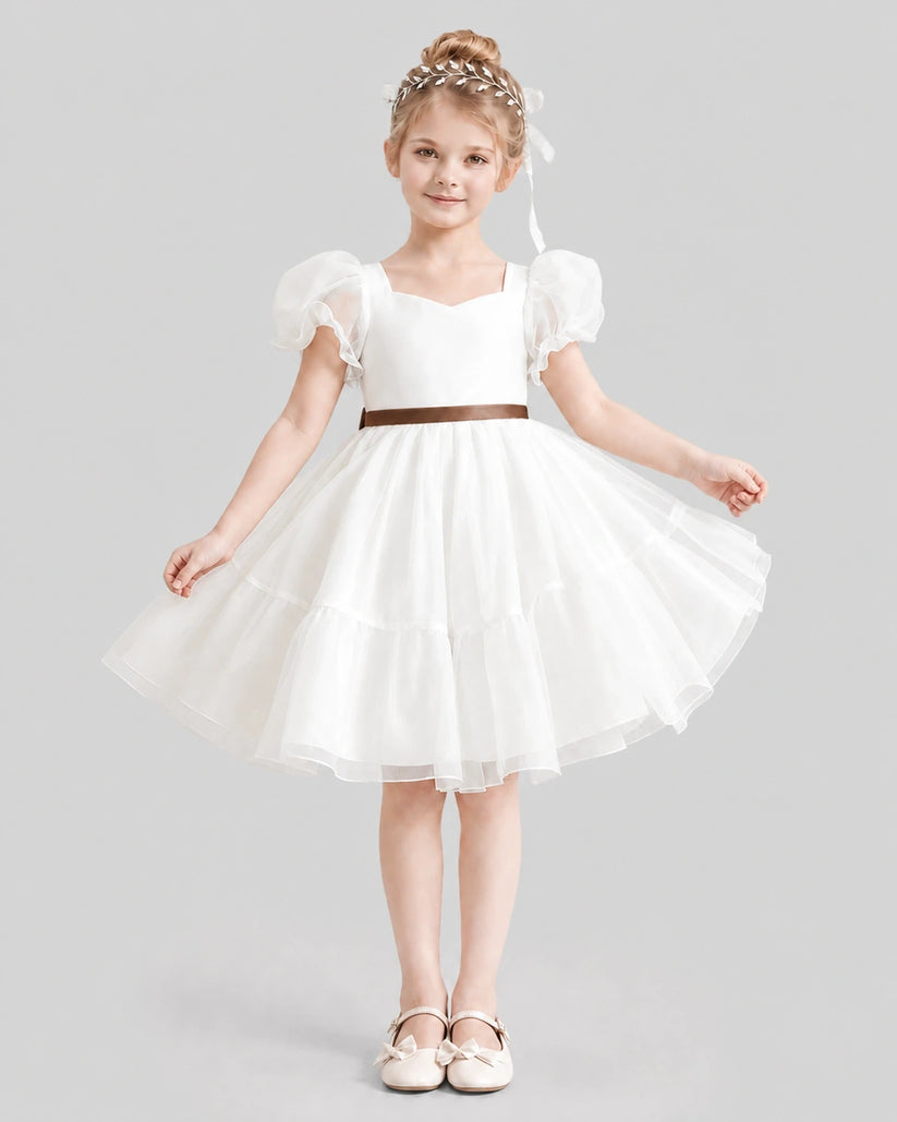 Chocolate Satin Puff Sleeve Flower Girl Dresses Front View