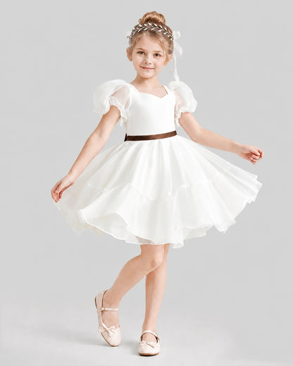 Dideyttawl Heart Cutout Organza Flower Girl Dress with Puff Sleeves
