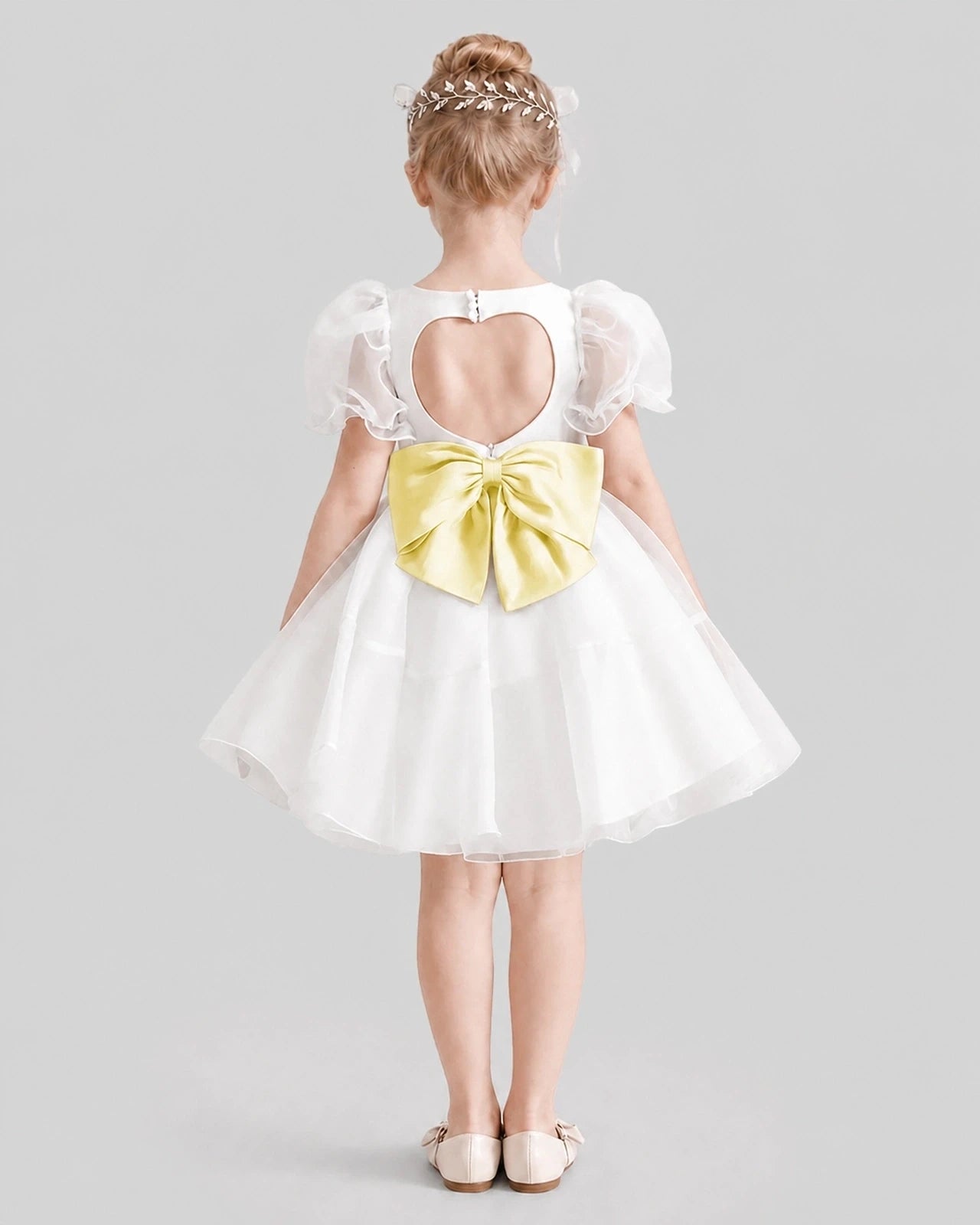 Dideyttawl Heart Cutout Organza Flower Girl Dress with Puff Sleeves