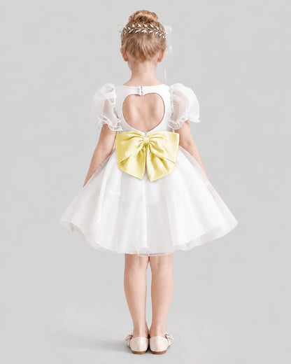 Dideyttawl Heart Cutout Organza Flower Girl Dress with Puff Sleeves