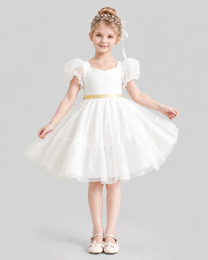 Dideyttawl Heart Cutout Organza Flower Girl Dress with Puff Sleeves