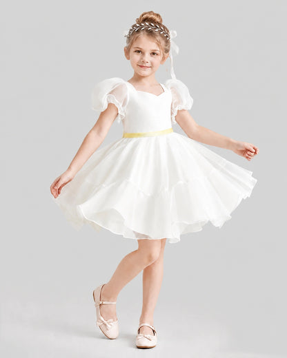 Dideyttawl Heart Cutout Organza Flower Girl Dress with Puff Sleeves