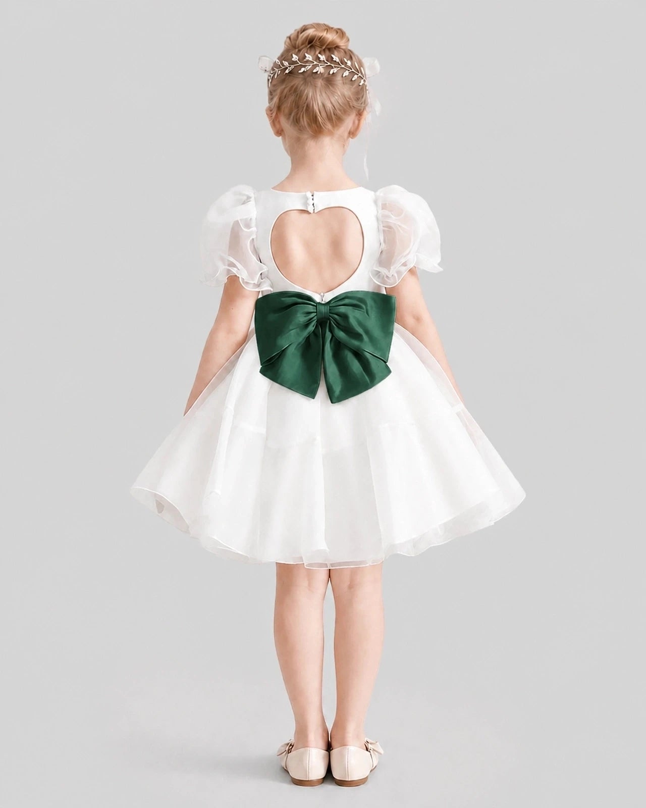 Dideyttawl Heart Cutout Organza Flower Girl Dress with Puff Sleeves