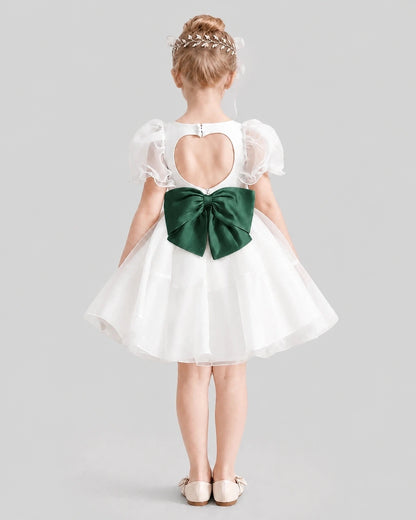 Dideyttawl Heart Cutout Organza Flower Girl Dress with Puff Sleeves