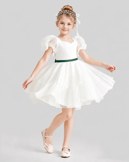 Dideyttawl Heart Cutout Organza Flower Girl Dress with Puff Sleeves