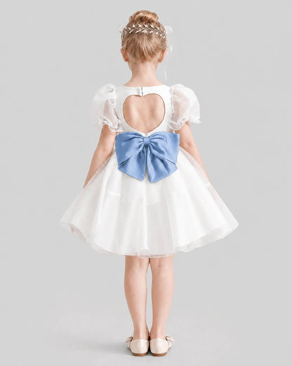 Dideyttawl Heart Cutout Organza Flower Girl Dress with Puff Sleeves