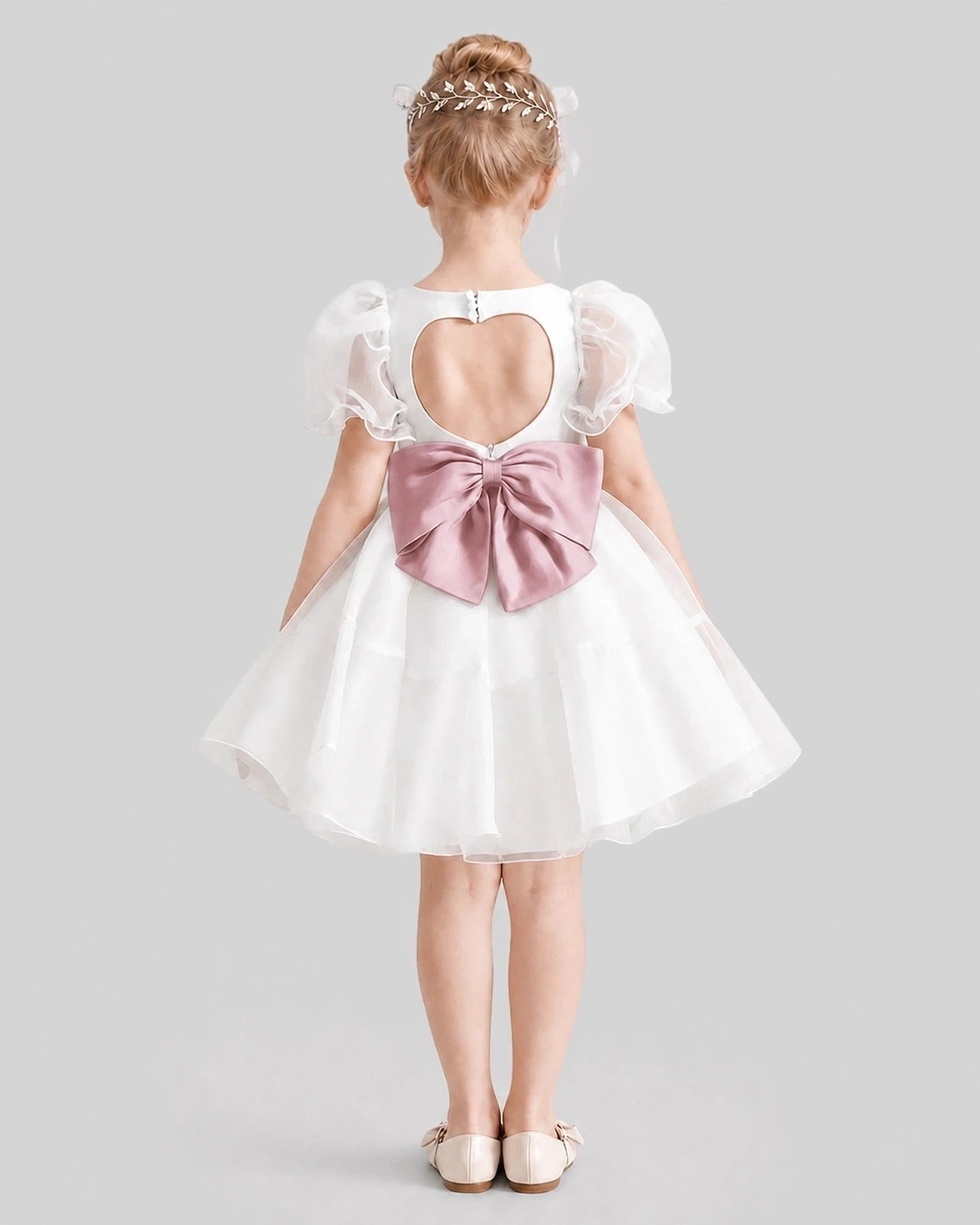 Dideyttawl Heart Cutout Organza Flower Girl Dress with Puff Sleeves