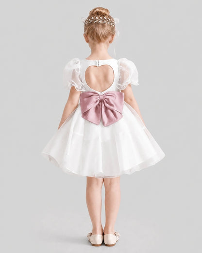 Dideyttawl Heart Cutout Organza Flower Girl Dress with Puff Sleeves