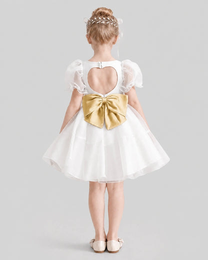 Dideyttawl Heart Cutout Organza Flower Girl Dress with Puff Sleeves