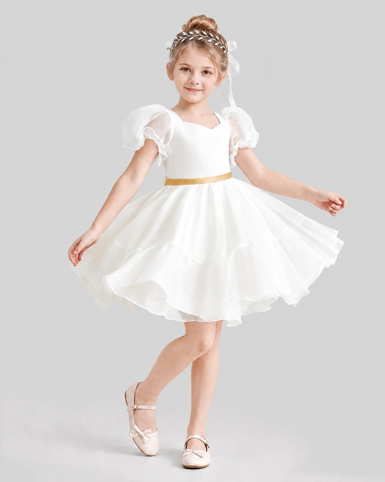 Dideyttawl Heart Cutout Organza Flower Girl Dress with Puff Sleeves