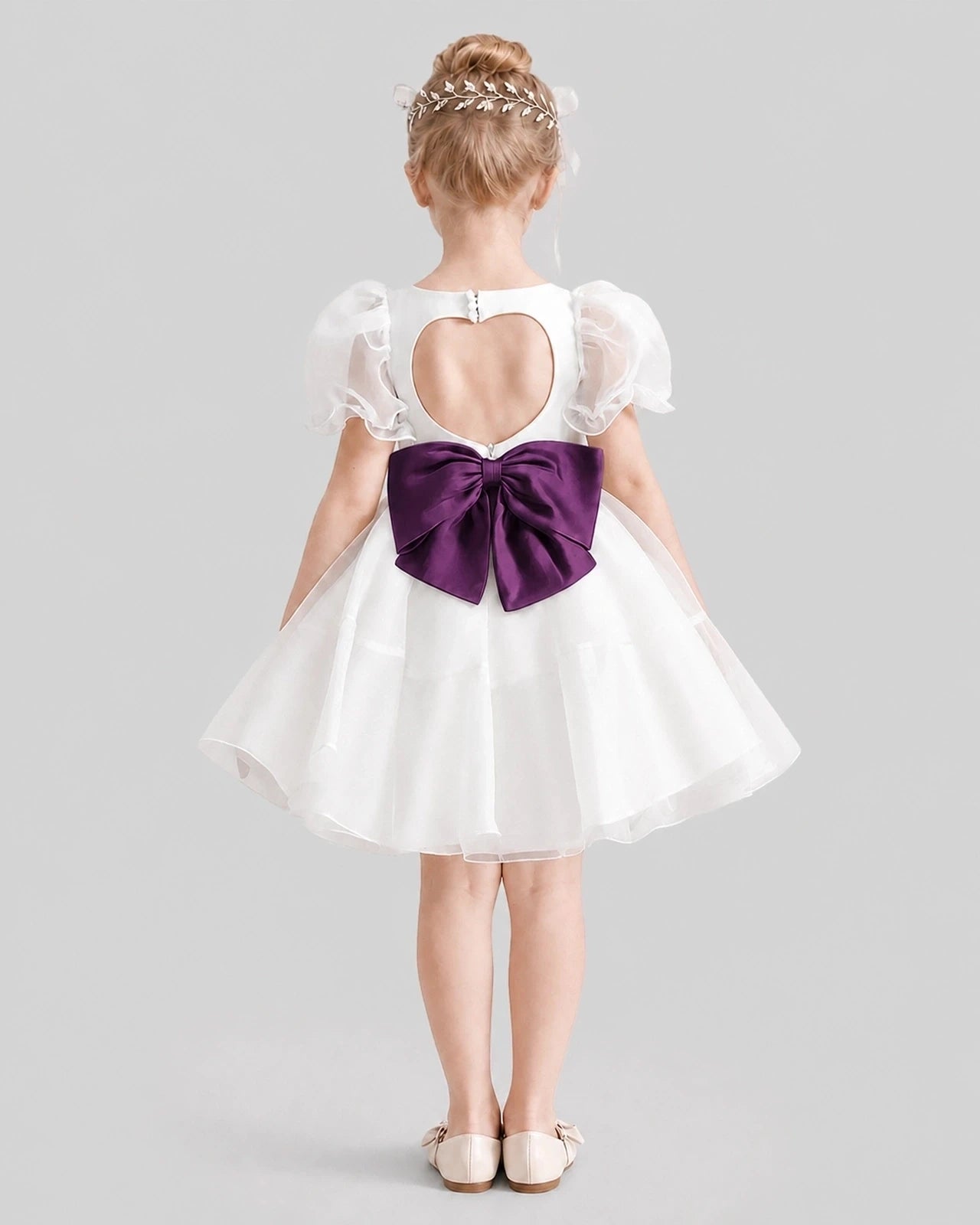Dideyttawl Heart Cutout Organza Flower Girl Dress with Puff Sleeves