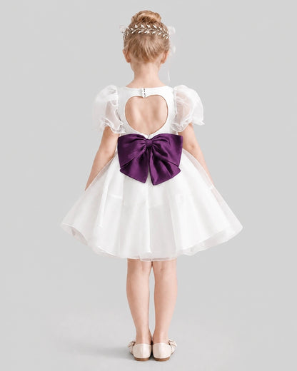 Dideyttawl Heart Cutout Organza Flower Girl Dress with Puff Sleeves