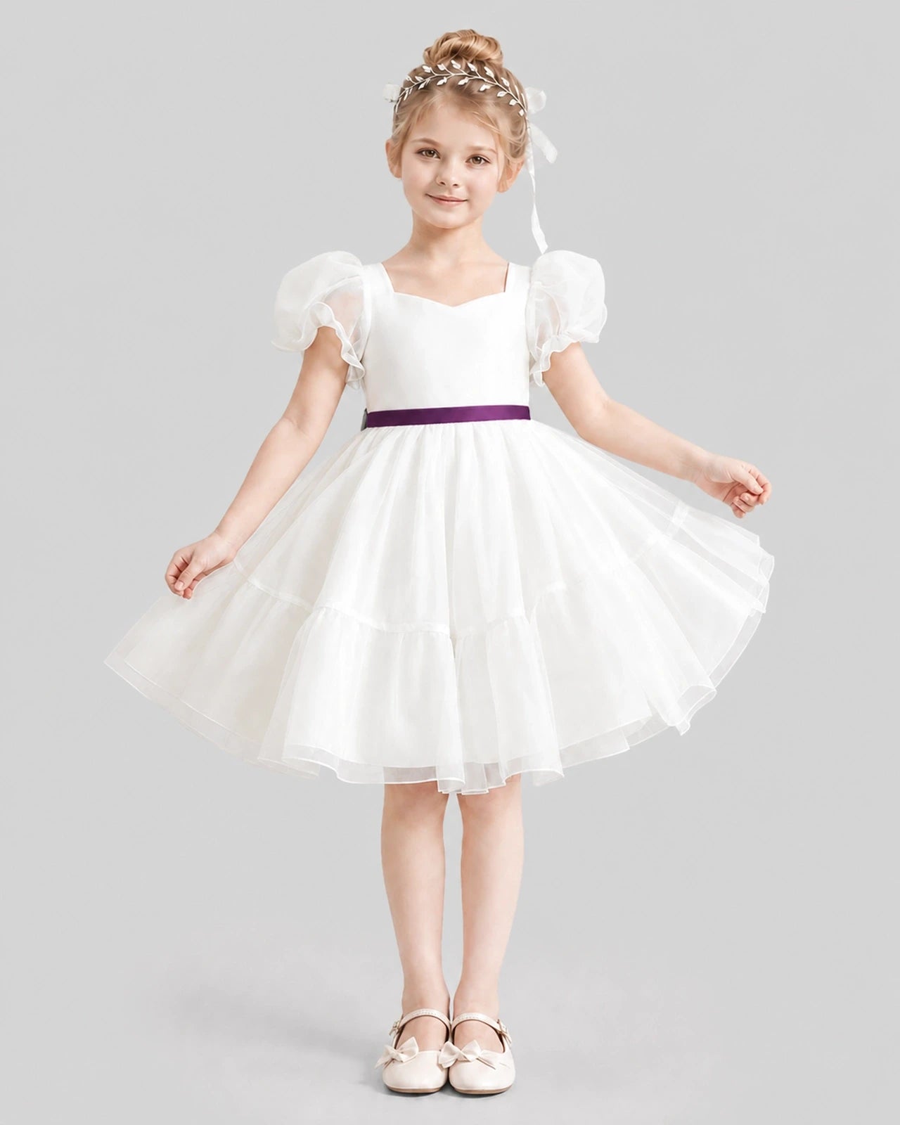 Dideyttawl Heart Cutout Organza Flower Girl Dress with Puff Sleeves