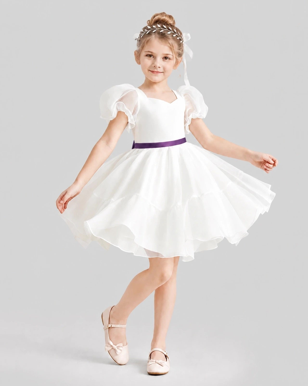 Dideyttawl Heart Cutout Organza Flower Girl Dress with Puff Sleeves
