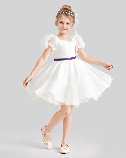 Dideyttawl Heart Cutout Organza Flower Girl Dress with Puff Sleeves