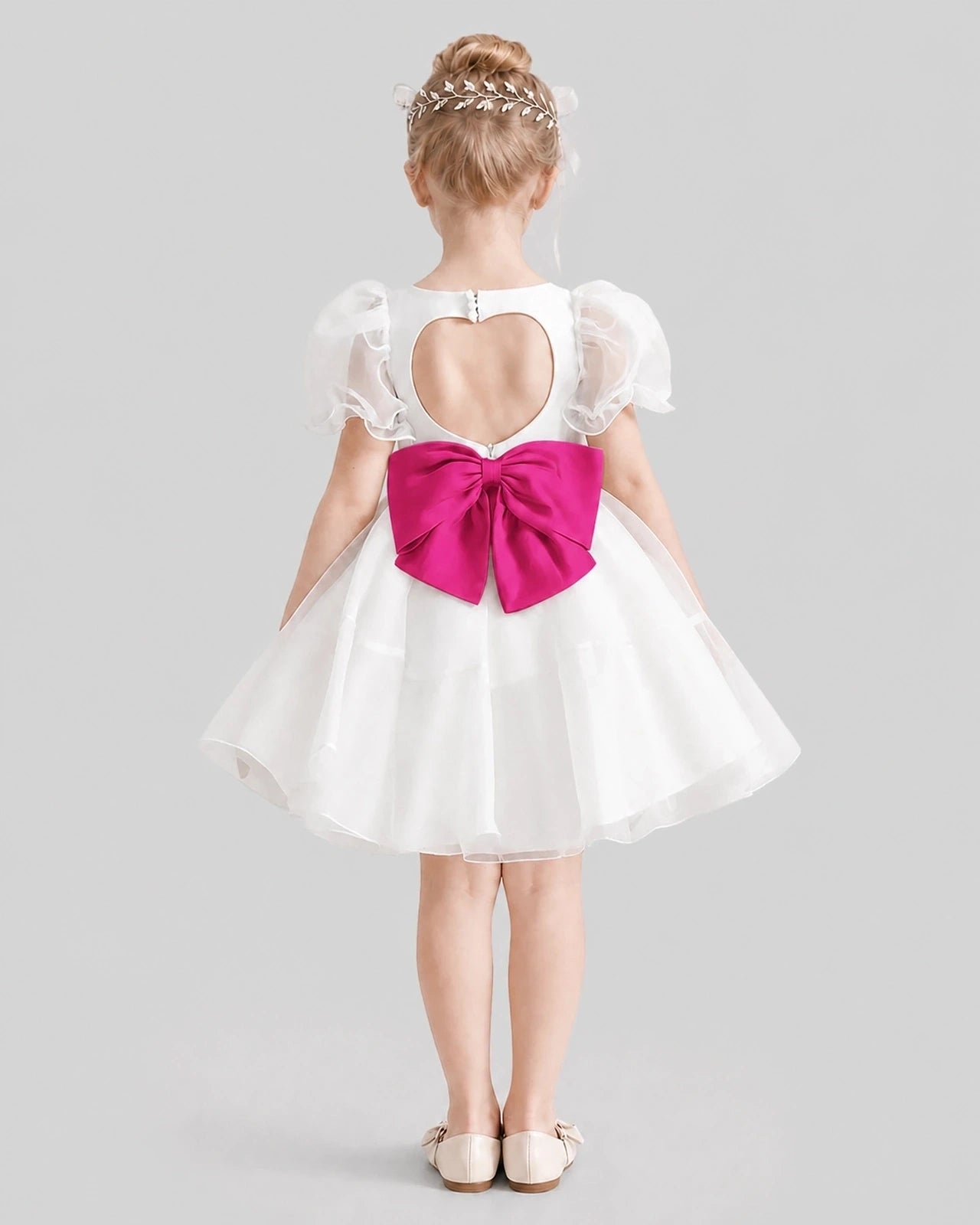 Dideyttawl Heart Cutout Organza Flower Girl Dress with Puff Sleeves