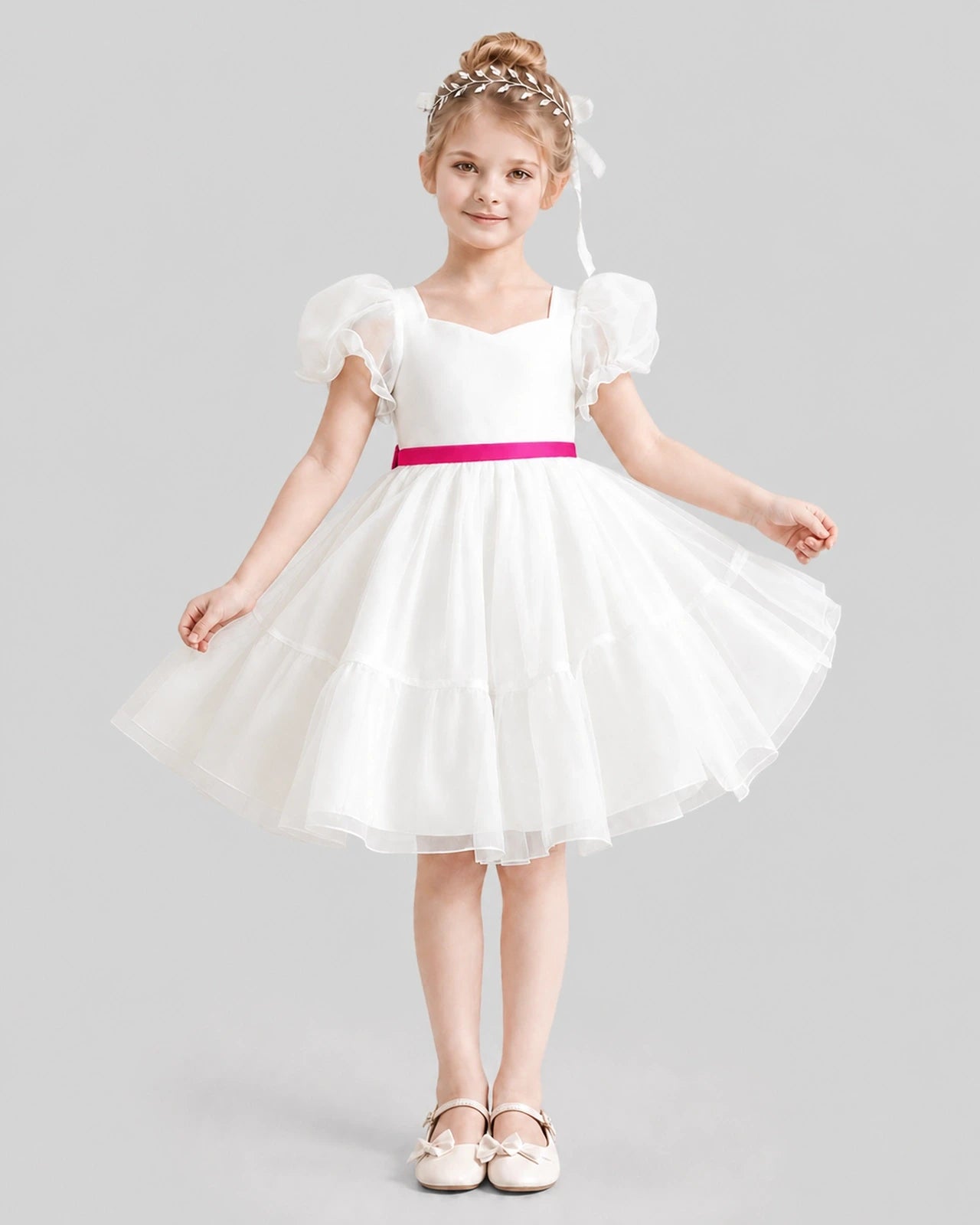 Dideyttawl Heart Cutout Organza Flower Girl Dress with Puff Sleeves