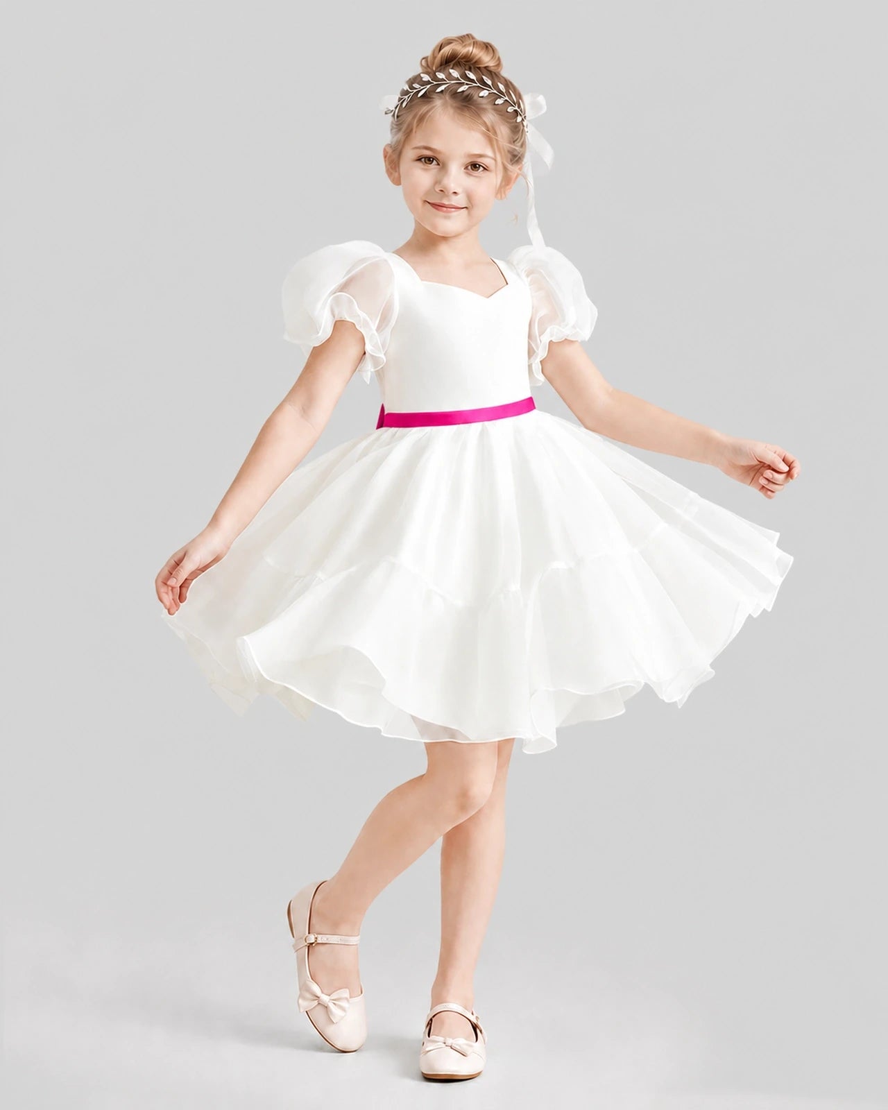 Dideyttawl Heart Cutout Organza Flower Girl Dress with Puff Sleeves