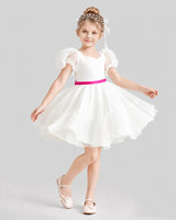 Hot Pink Satin Puff Sleeve Flower Girl Dresses Side View