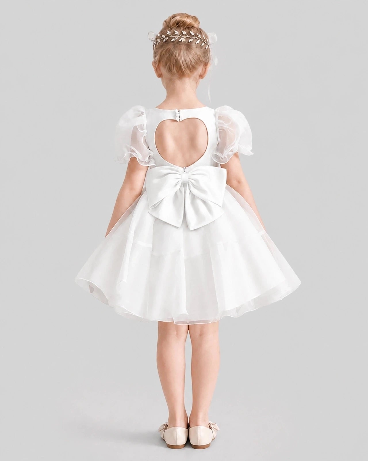 Dideyttawl Heart Cutout Organza Flower Girl Dress with Puff Sleeves
