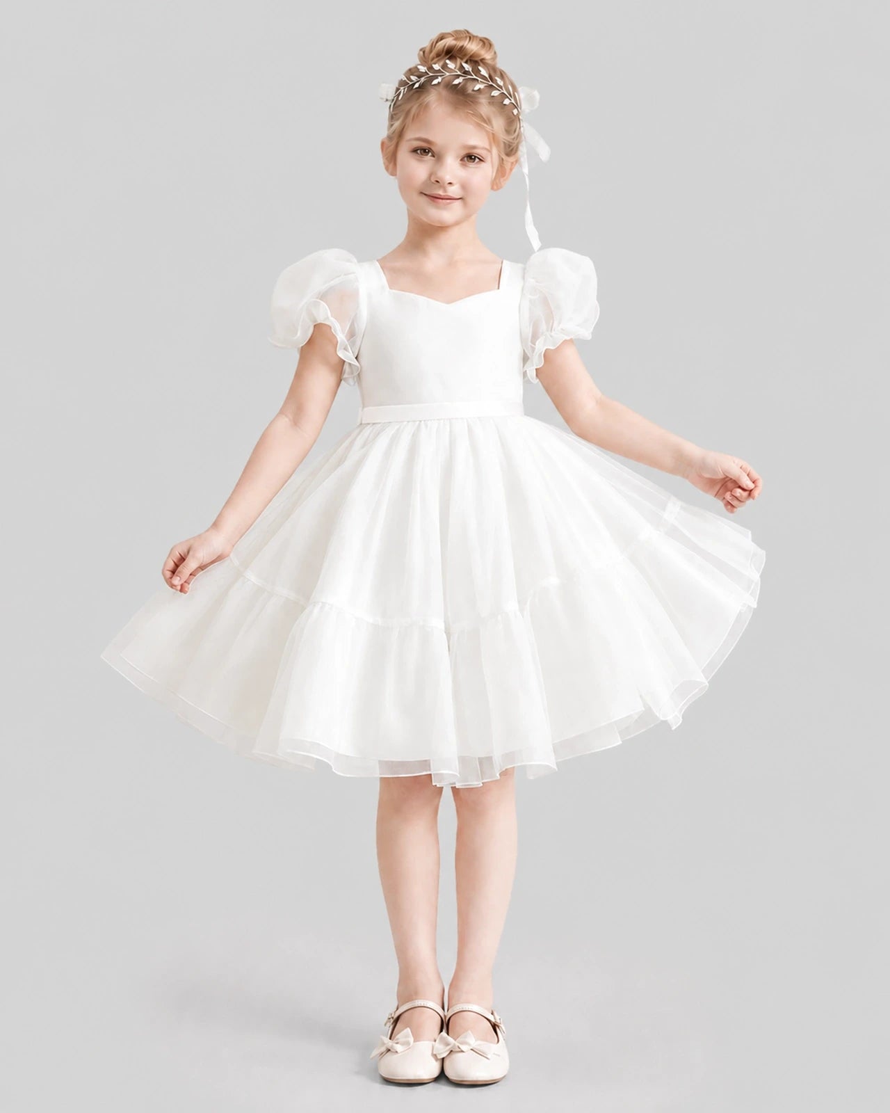Dideyttawl Heart Cutout Organza Flower Girl Dress with Puff Sleeves