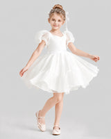 Ivory Organza Puff Sleeve Flower Girl Dress Side View