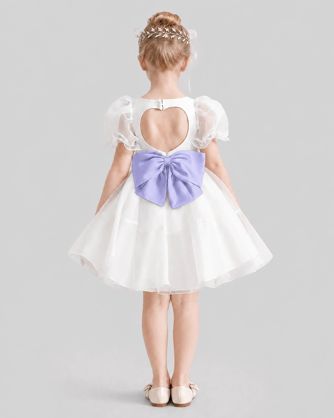 Dideyttawl Heart Cutout Organza Flower Girl Dress with Puff Sleeves