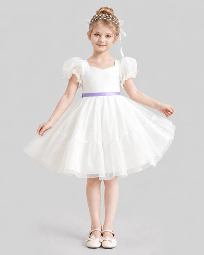Dideyttawl Heart Cutout Organza Flower Girl Dress with Puff Sleeves
