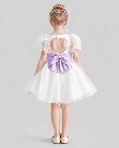 Dideyttawl Heart Cutout Organza Flower Girl Dress with Puff Sleeves