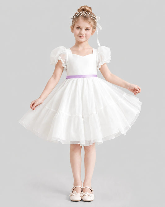 Lilac Organza Puff Sleeve Flower Girl Dress Front View