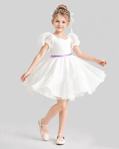 Dideyttawl Heart Cutout Organza Flower Girl Dress with Puff Sleeves