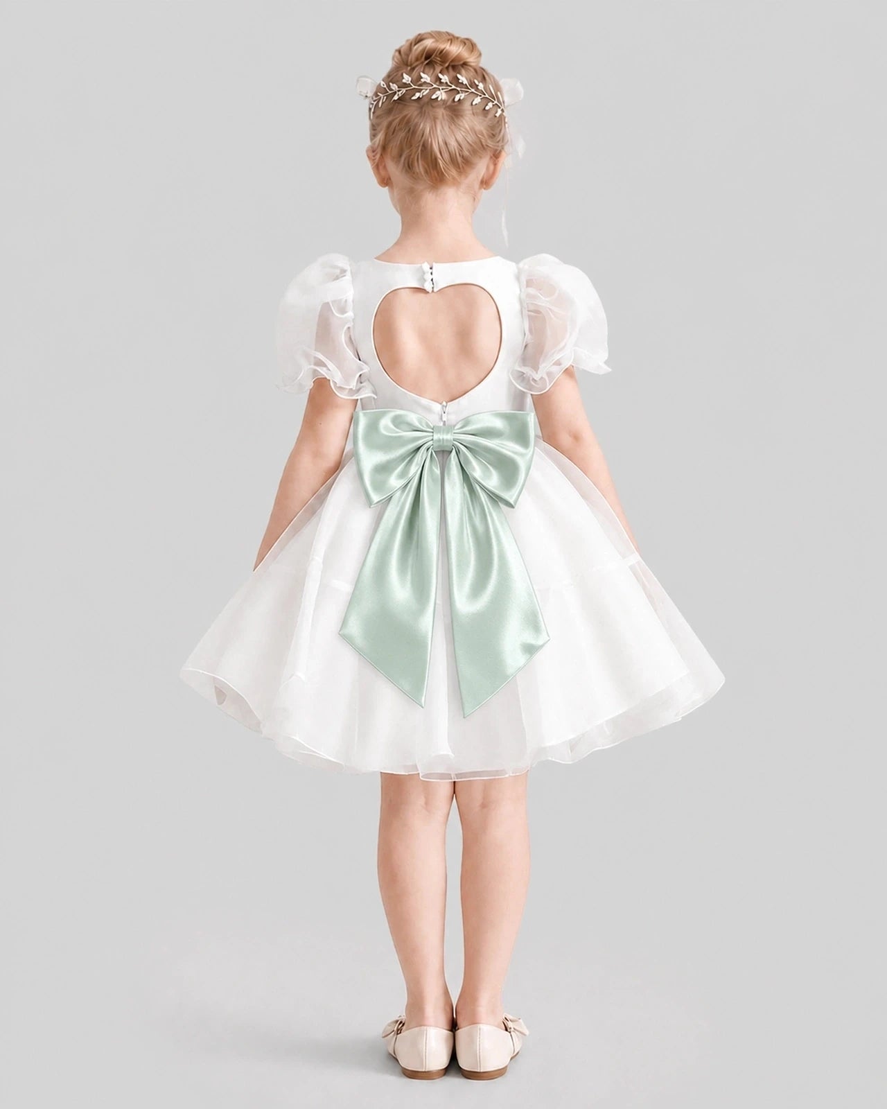 Dideyttawl Heart Cutout Organza Flower Girl Dress with Puff Sleeves