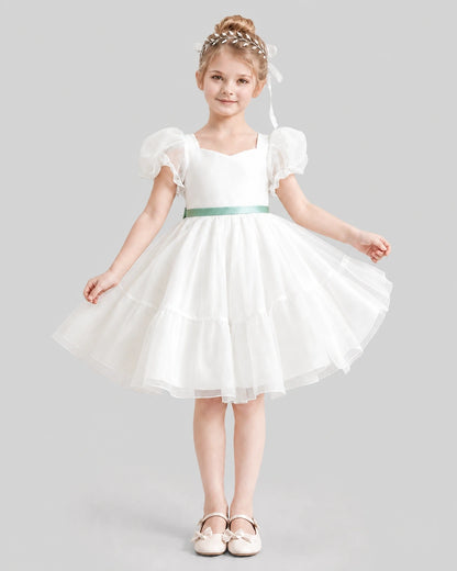 Dideyttawl Heart Cutout Organza Flower Girl Dress with Puff Sleeves