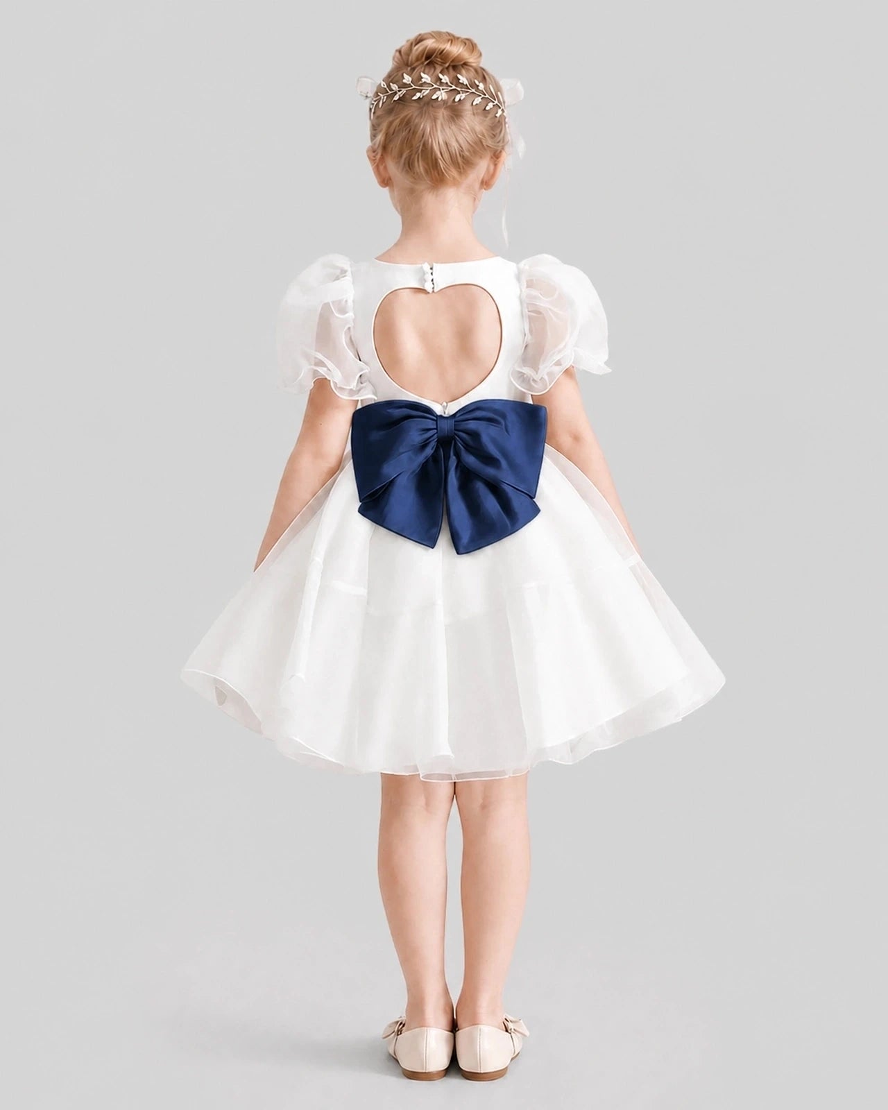 Dideyttawl Heart Cutout Organza Flower Girl Dress with Puff Sleeves