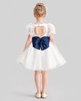 Navy Blue satin and organza A-line flower girl dress Back View