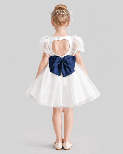 Dideyttawl Heart Cutout Organza Flower Girl Dress with Puff Sleeves